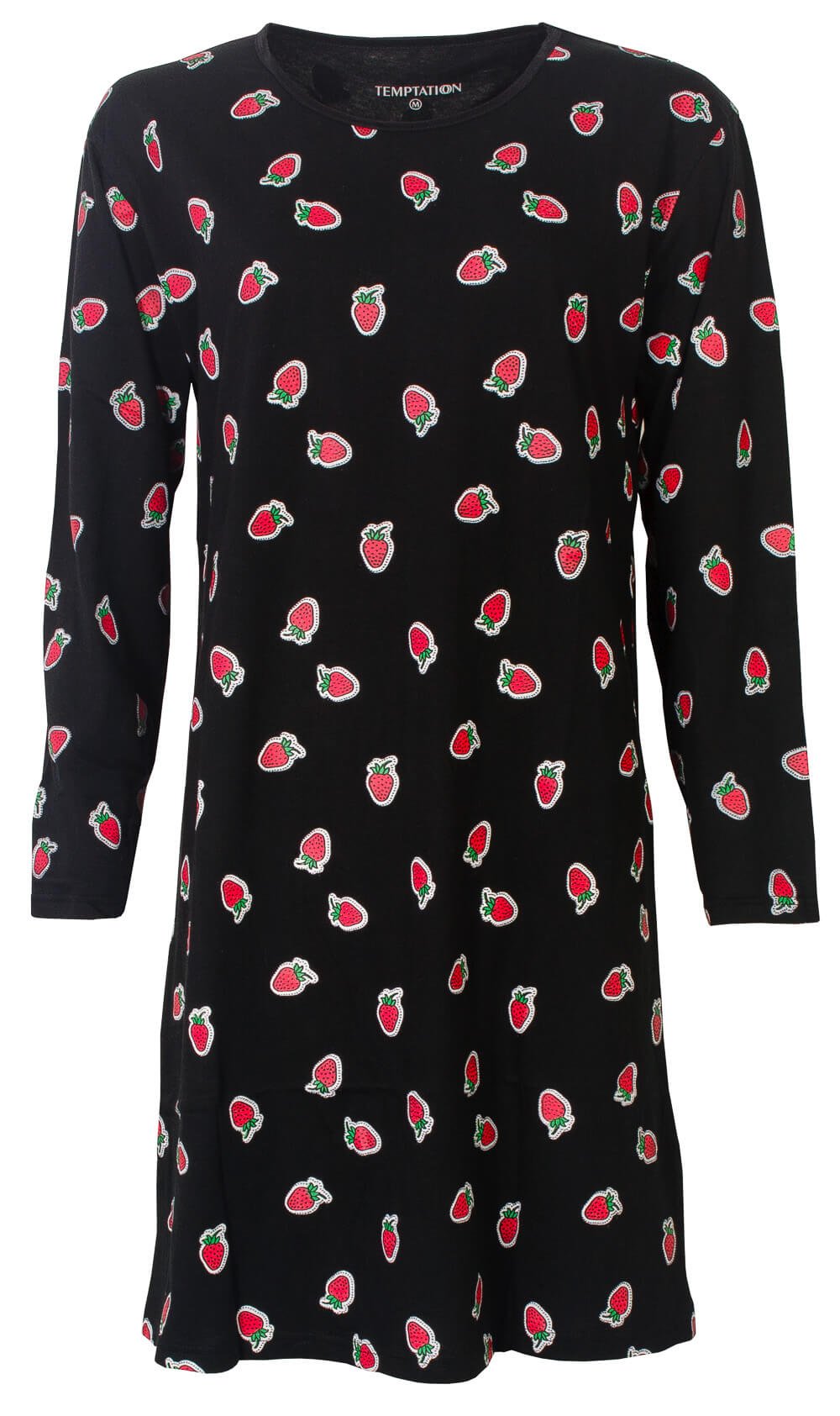 Zwart nachthemd met lange mouwen en aardbeienprint, ronde hals met satijnen bies, gemaakt van katoen