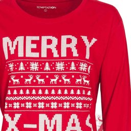Rode pyjama top met 'MERRY X-MAS' tekst en kerstmotieven zoals rendieren en sneeuwvlokken in wit gebreid patroon