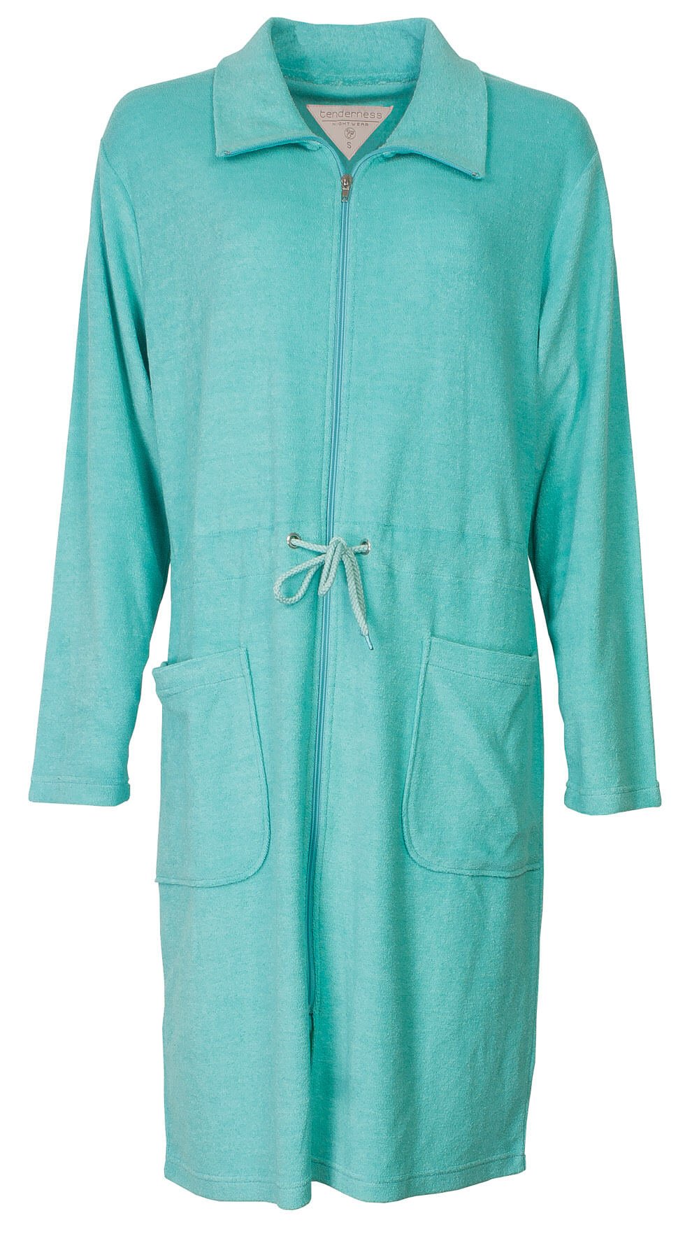 Korte dames badjas in capri blauw met rits, kraag, lange mouwen, aantrekkoord en opgestikte zakken.