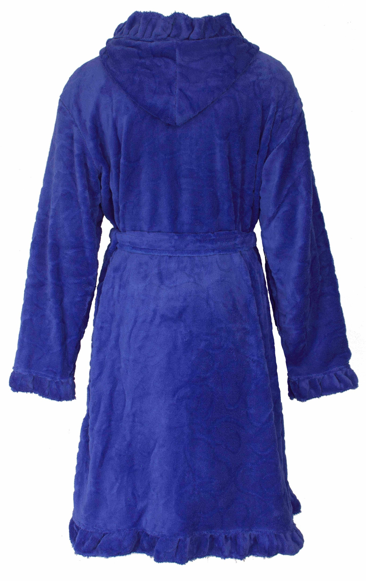 Blauwe fleece badjas met capuchon, lange mouwen, ceintuur en ruches aan de onderkant en mouwen.