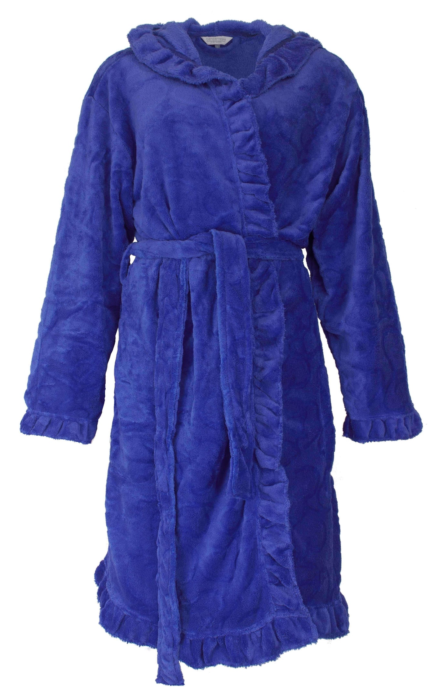 Blauwe fleece badjas met capuchon, lange mouwen, zakken en ceintuur, afgewerkt met ruches langs de randen.