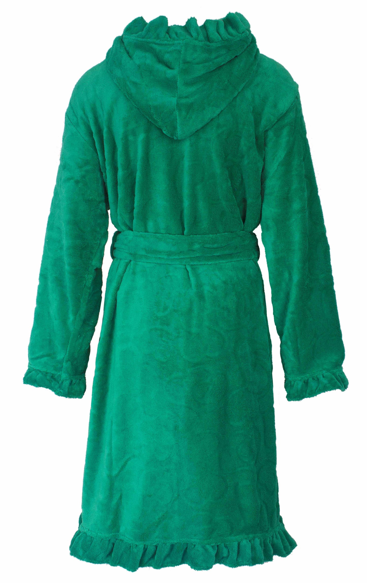 Groene fleece badjas voor dames met capuchon, ruches, zijzakken en ceintuur, gemaakt van zacht coral fleece materiaal.