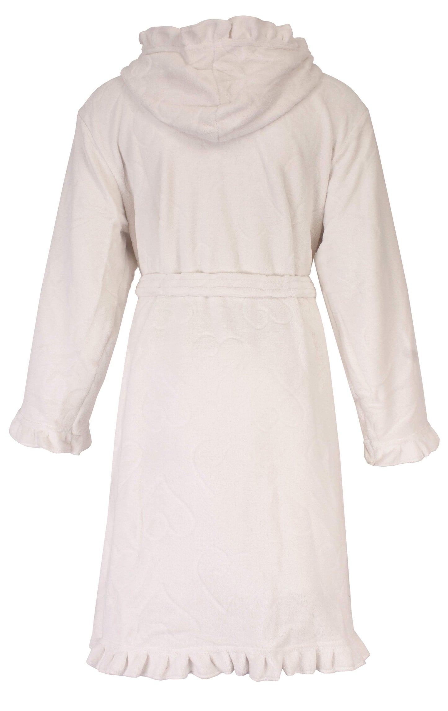 Gebroken witte fleece badjas met capuchon, lange mouwen, riem en geplooide zoom, achteraanzicht.