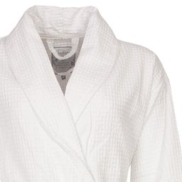 Witte katoenen badjas met wafeltextuur, sjaalkraag, lange mouwen, opgestikte zakken en ceintuur