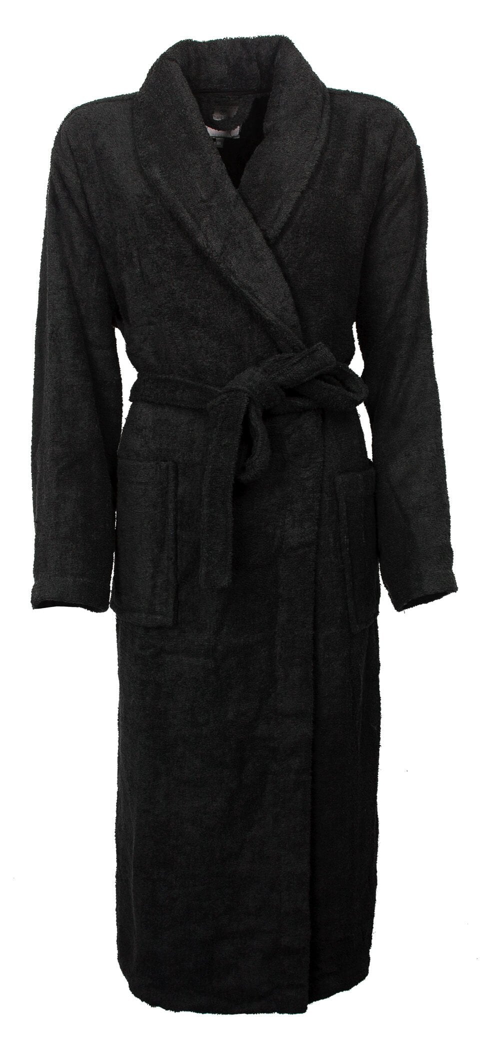 Zwarte katoenen badjas met sjaalkraag, lange mouwen, opgestikte zakken en ceintuur. Lengte 120 cm.