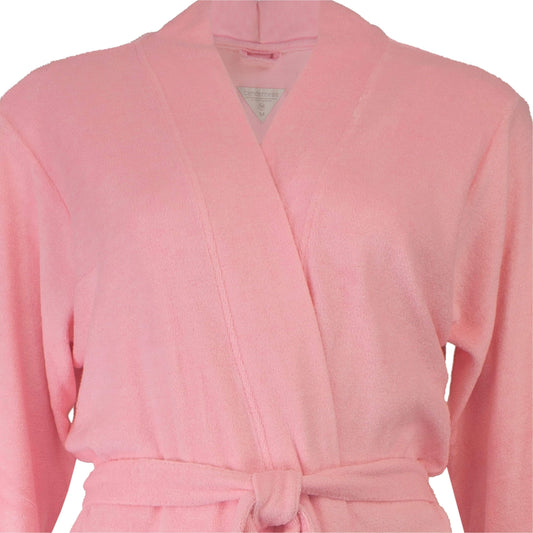 Roze badjas in kimono-stijl met zachte stof, V-hals en ceintuur. Zichtbaar merk label aan de binnenkant.