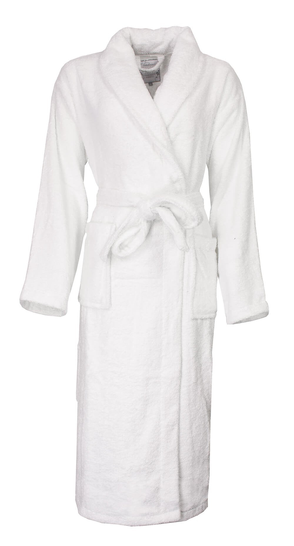 Witte damesbadjas met sjaalkraag, lange mouwen, opgestikte zakken en ceintuur, gemaakt van 100% katoen.