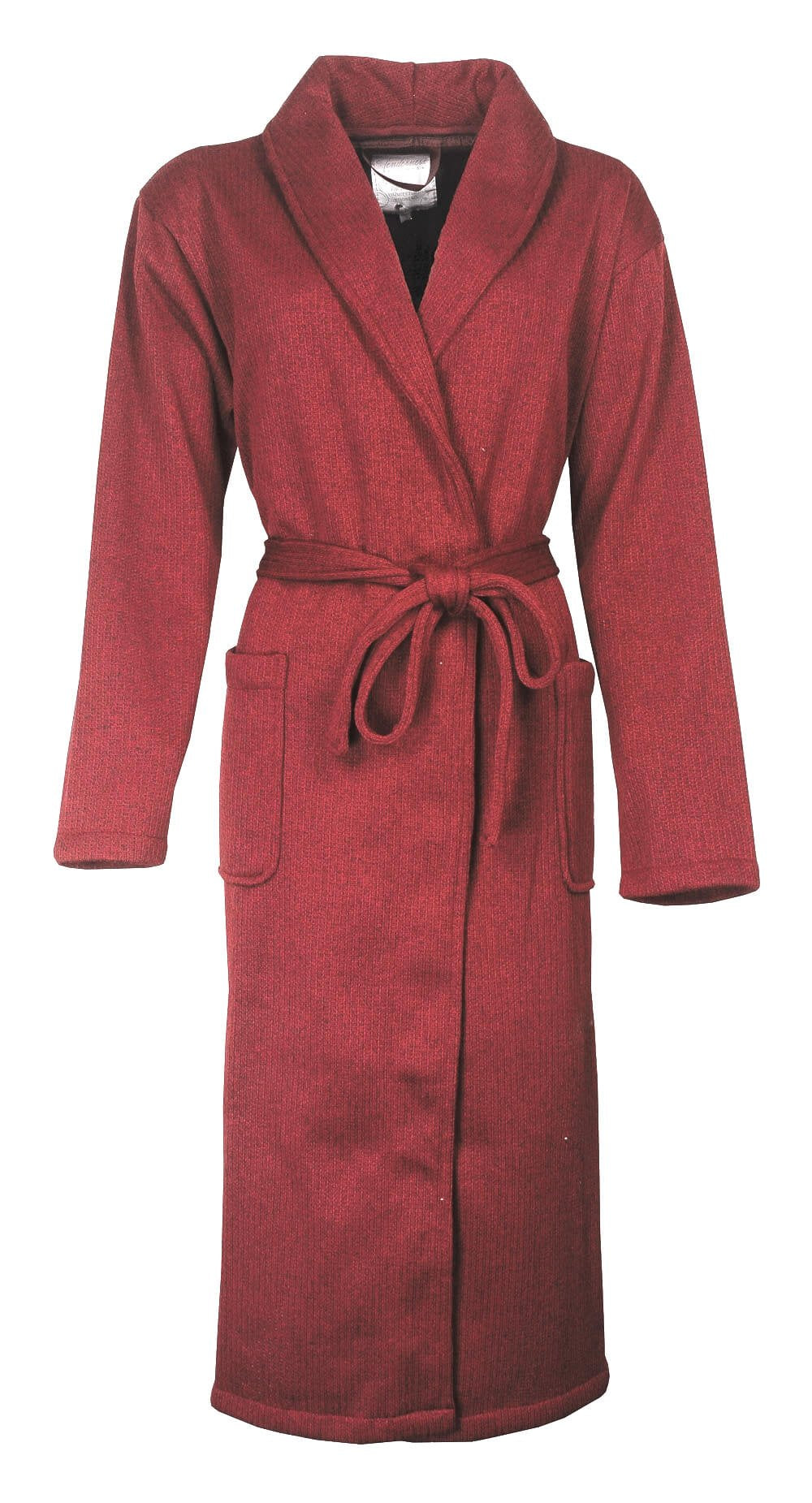 Lange rode kamerjas met shawlkraag, ceintuur en zakken, gemaakt van gebreid jacquard polyester stof.