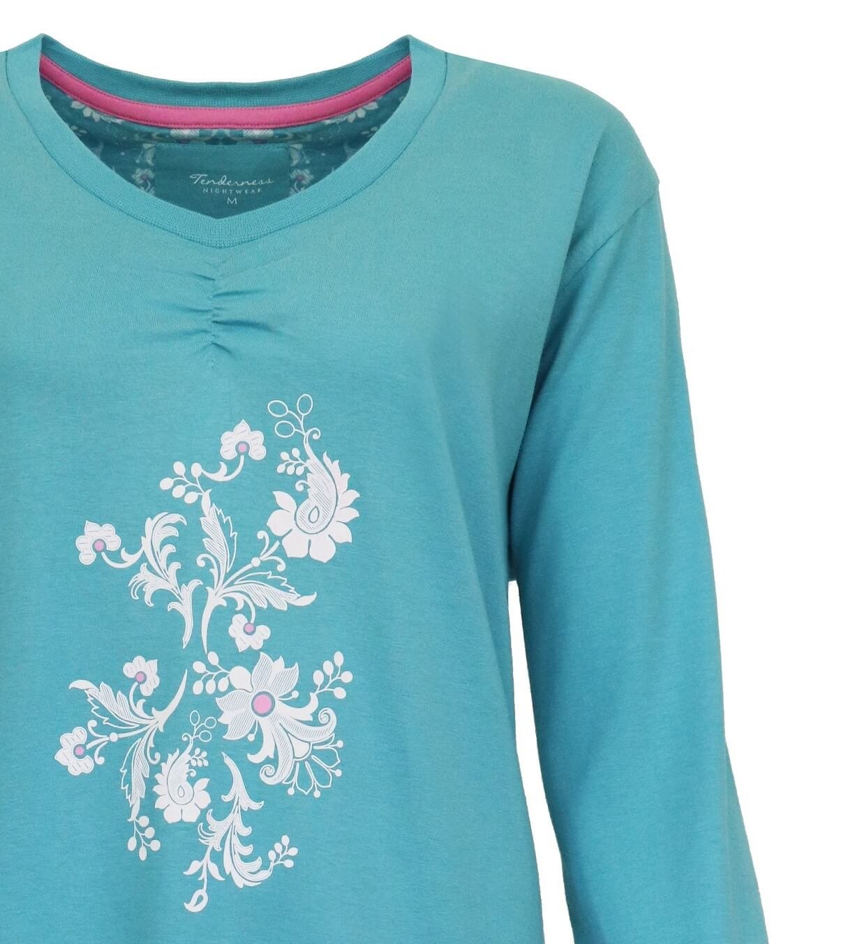Aqua groen nachthemd met lange mouwen en witte bloemenprint, V-hals met plooitje en roze bies aan de binnenkant