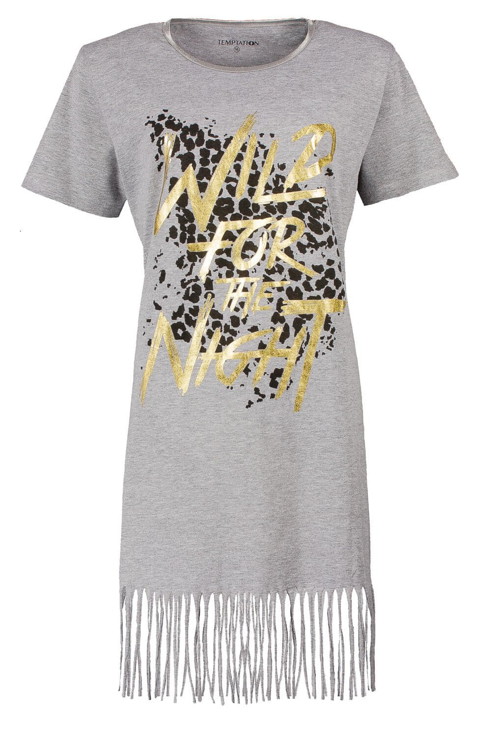 Grijs nachthemd met gouden 'Wild for the night' opdruk, zwarte vlekken en franjes aan de onderkant.