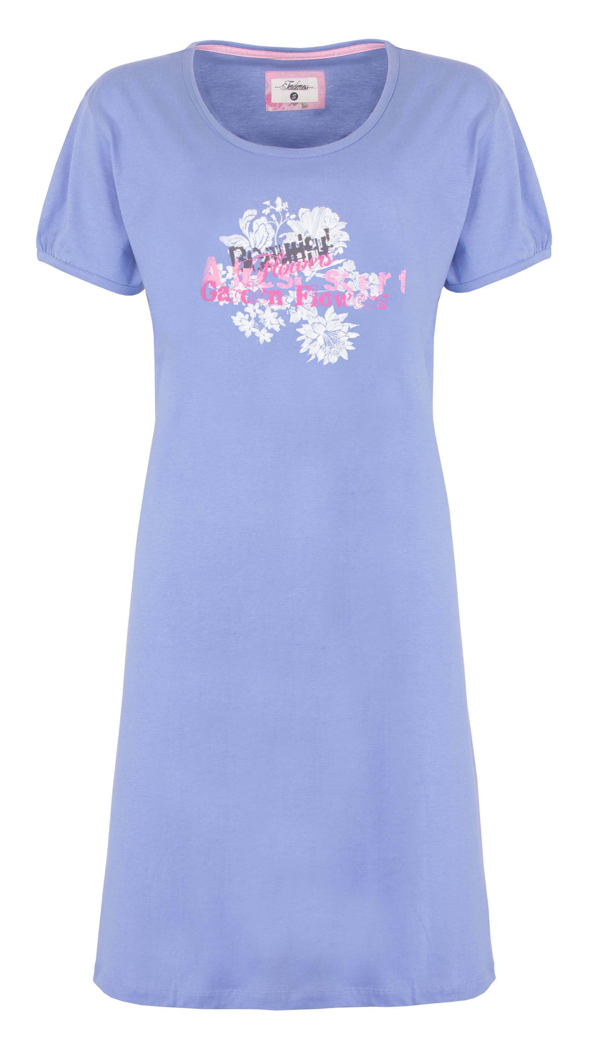 Lichtblauw kort nachthemd met ronde hals, korte mouwen en een grote bloemachtige print op de borst.