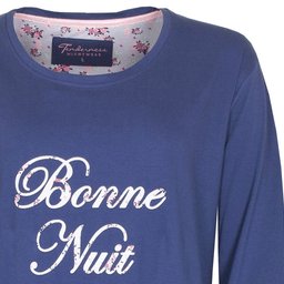 Blauw dames nachthemd met lange mouwen en 'Bonne Nuit' opschrift in witte letters op de voorkant