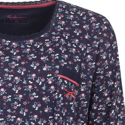 Blauw nachthemd met lange mouwen en kleine roze en witte bloemenprint, ronde hals met rood accent