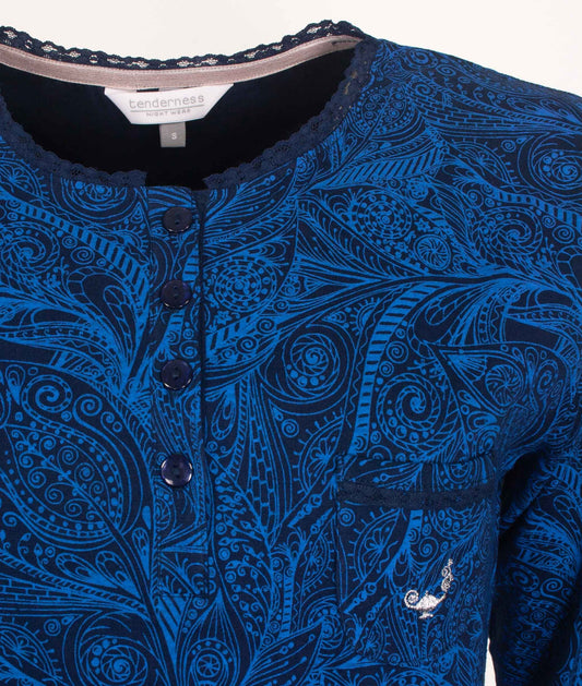 Diepblauw nachthemd met all-over geprint dessin, knoopsluiting, lange mouwen en kanten zoom aan de hals
