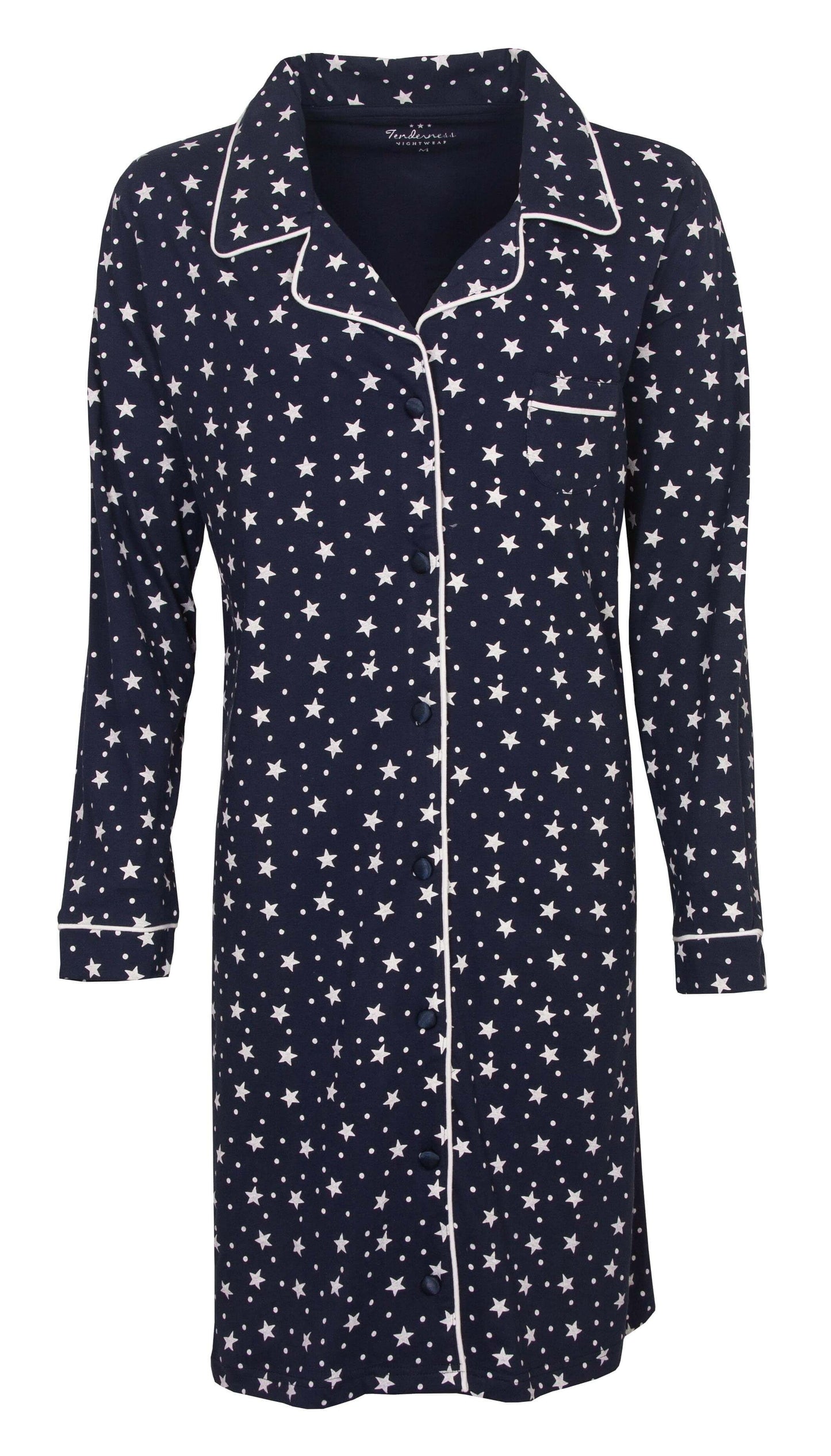 Donkerblauw nachthemd met witte sterren en stippen, lange mouwen en knoopsluiting aan de voorkant.