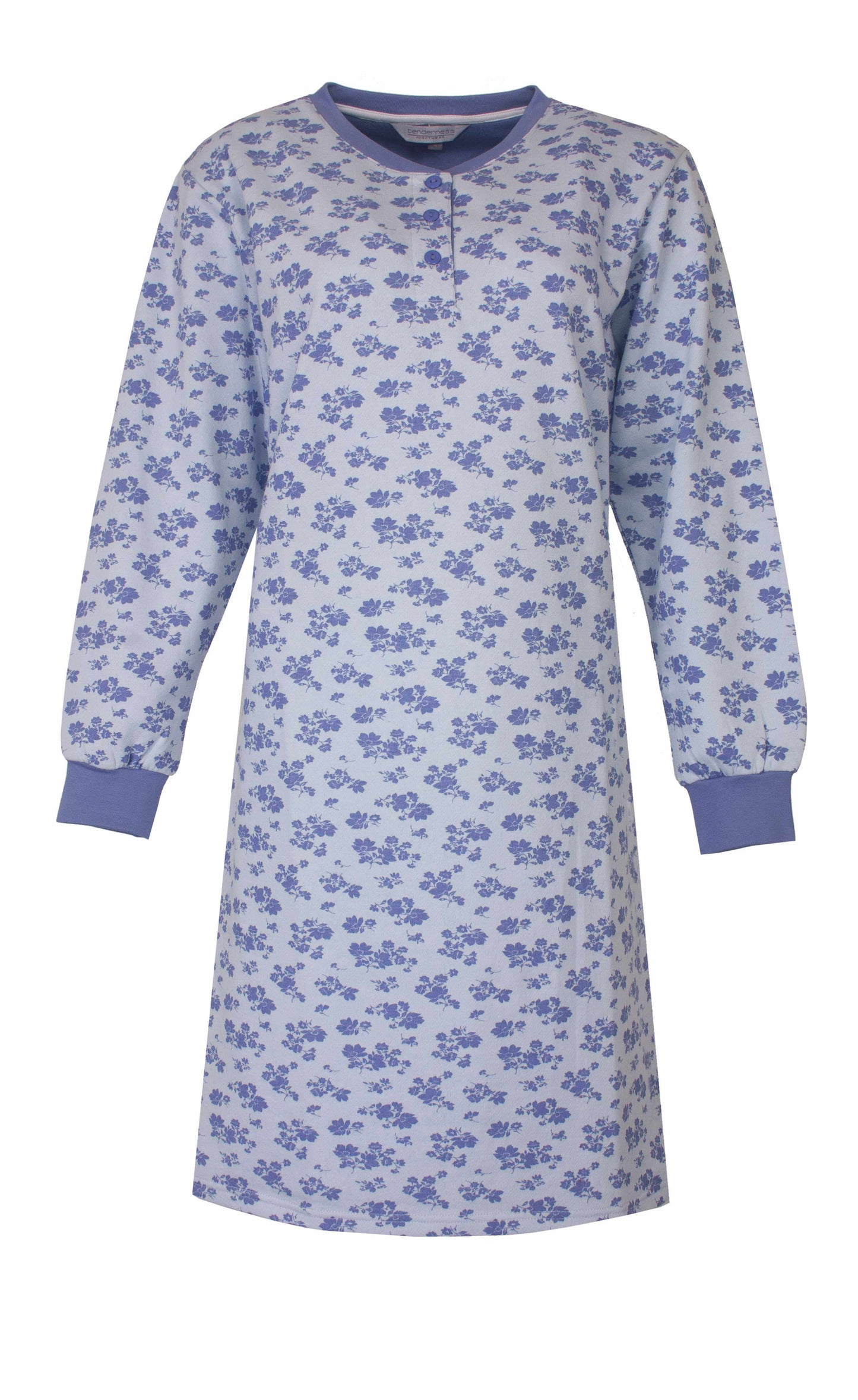 Lichtblauw nachthemd met paarse bloemetjesprint, lange mouwen en ronde hals met knoopsluiting