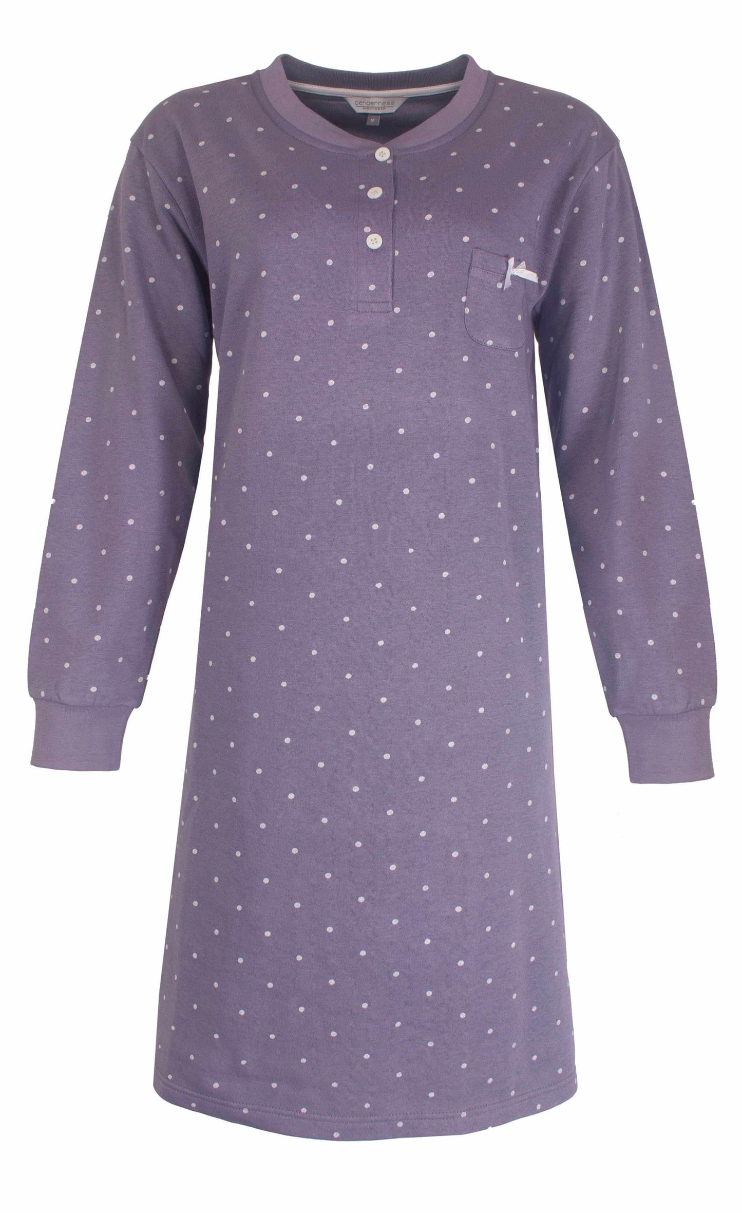 Lila fleece nachthemd met witte stippen, lange mouwen, knoopsluiting en borstzakje