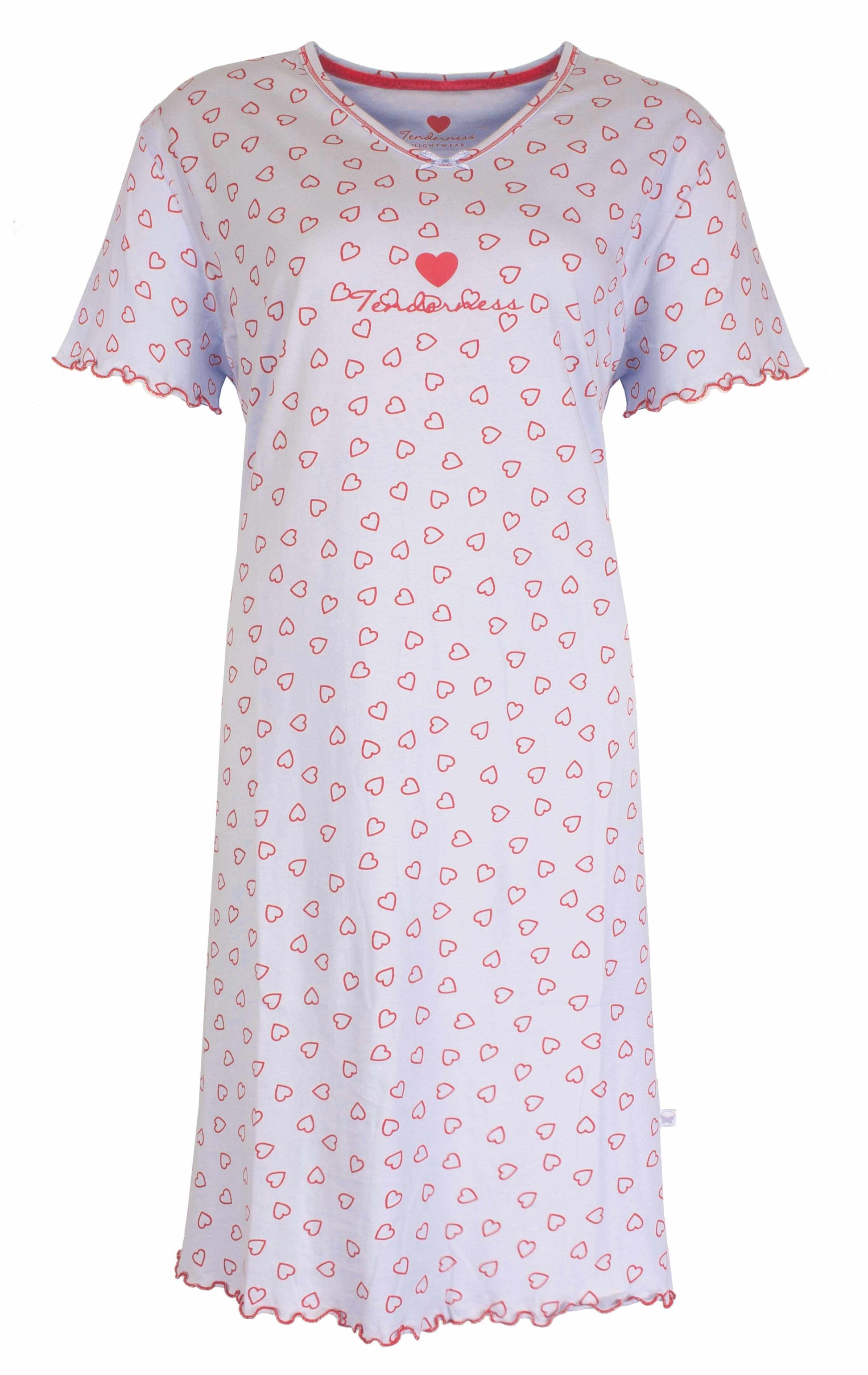 Lichtblauw dames nachthemd met rode hartjesprint, korte mouwen en V-hals, gemaakt van katoen