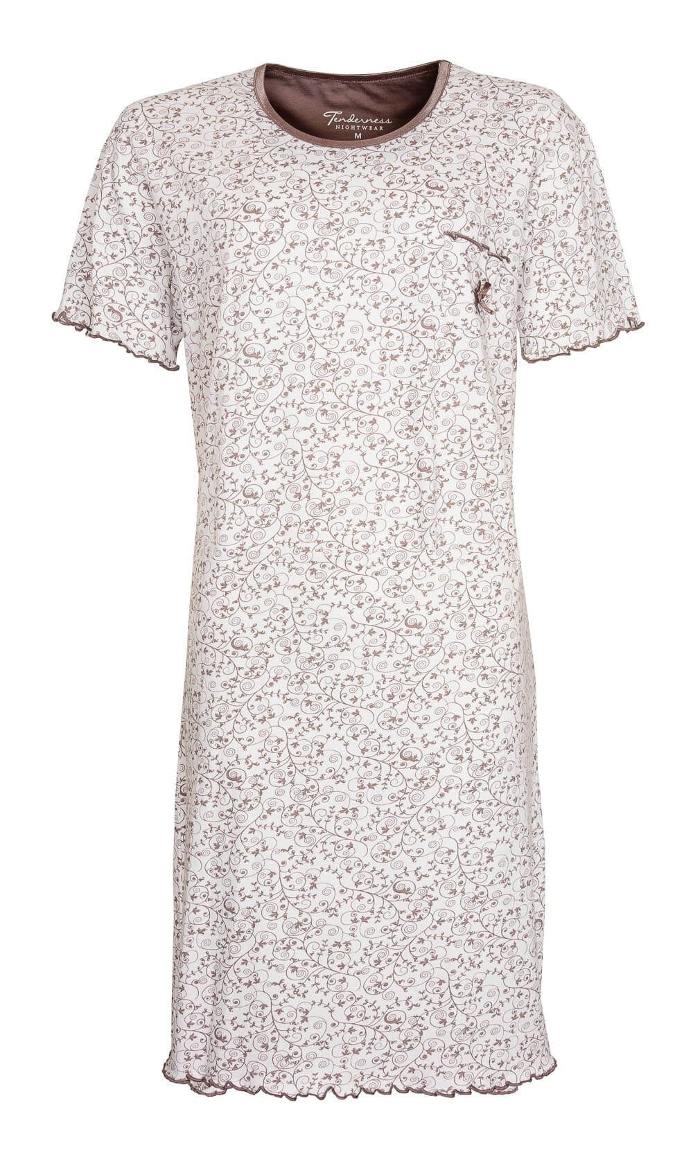 Bruin dames nachthemd met fijn geprint dessin, ronde hals, korte mouwen en borstzakje met strikje