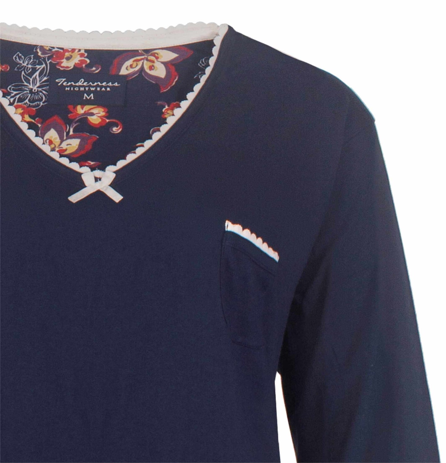 Donkerblauw katoenen nachthemd met V-hals, bloemenprint binnenkant en klein borstzakje met sierrand