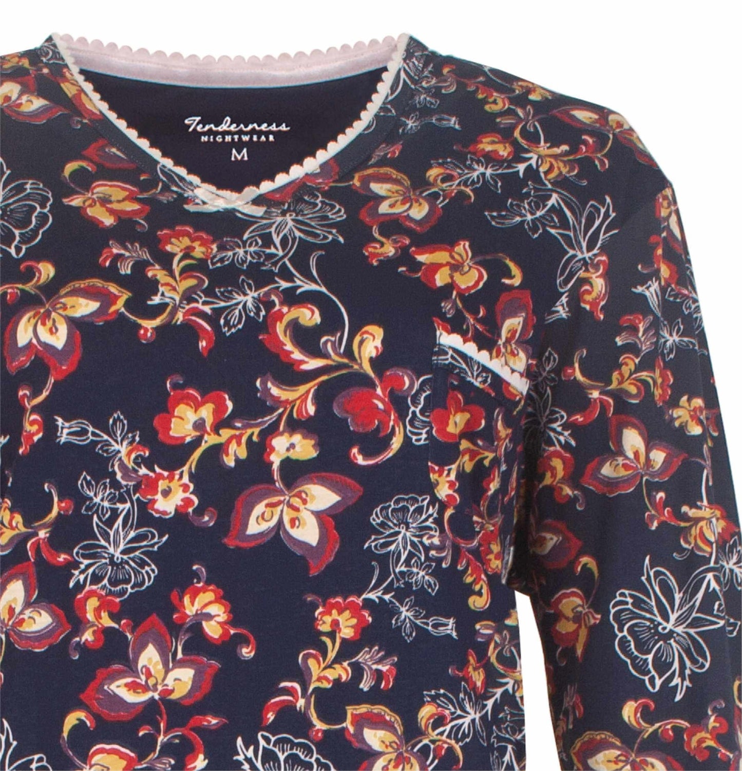Donkerblauw nachthemd met kleurrijk bloemenpatroon, ronde hals en lange mouwen van Tenderness Nightwear