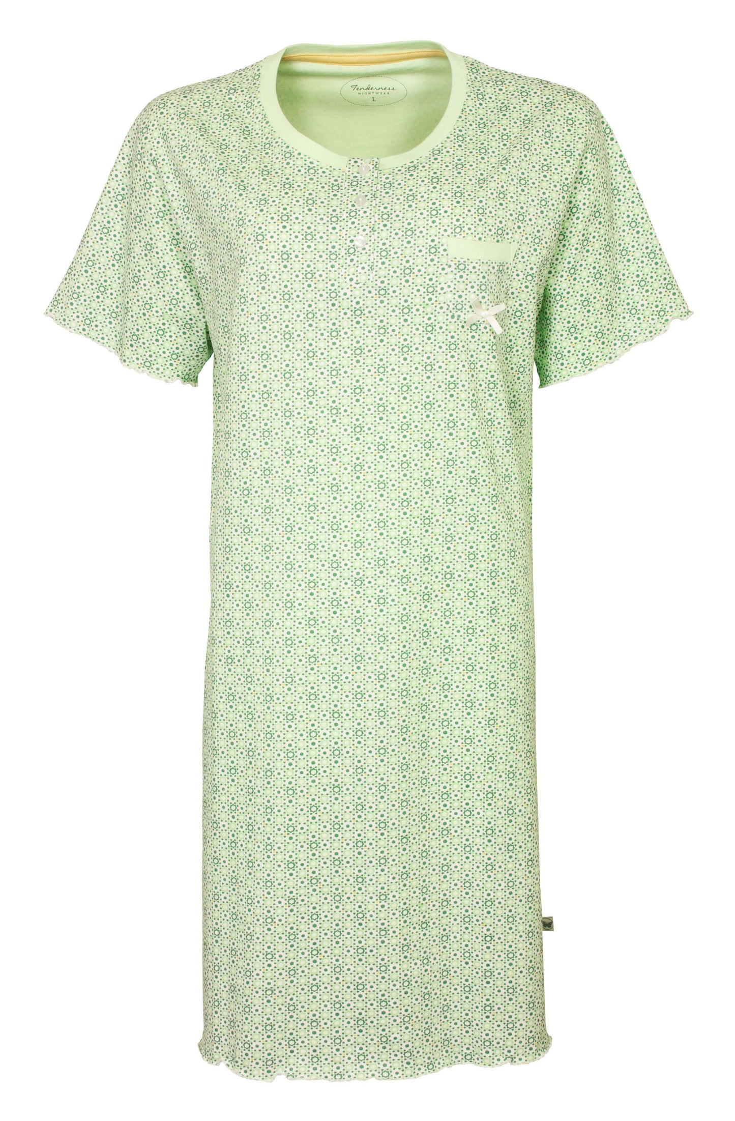 Lichtgroen katoenen nachthemd met korte mouwen en een subtiel gestippeld patroon, voorzien van een borstzakje.