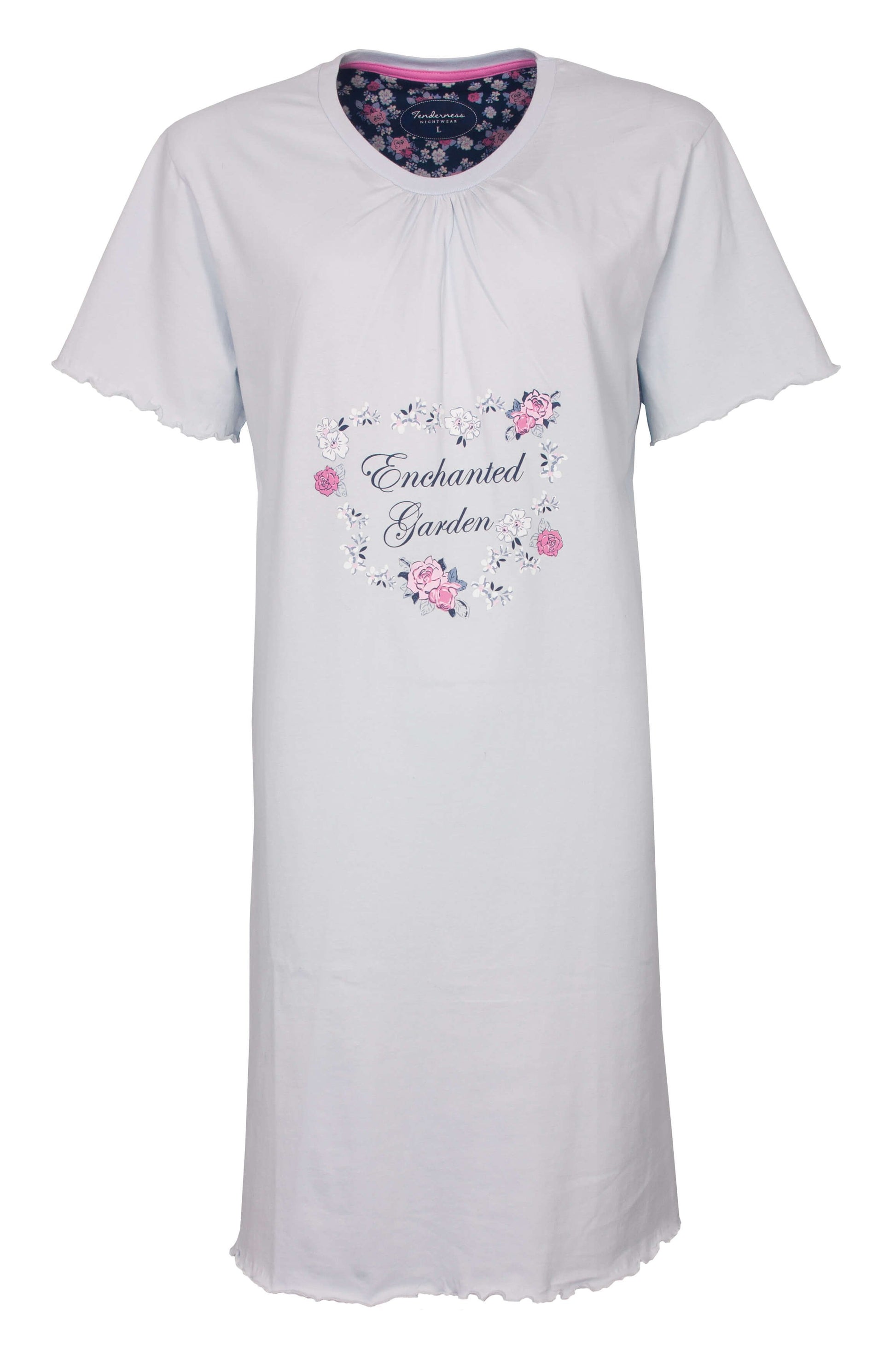 Lichtblauw nachthemd met korte mouwen, ronde hals en 'Enchanted Garden' bloemenmotief op de voorkant.