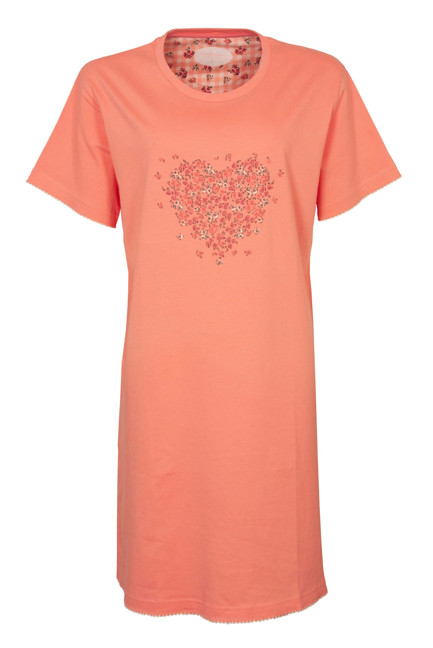 Oranje katoenen nachthemd met korte mouwen en een hartvormig bloemenpatroon op de borst.