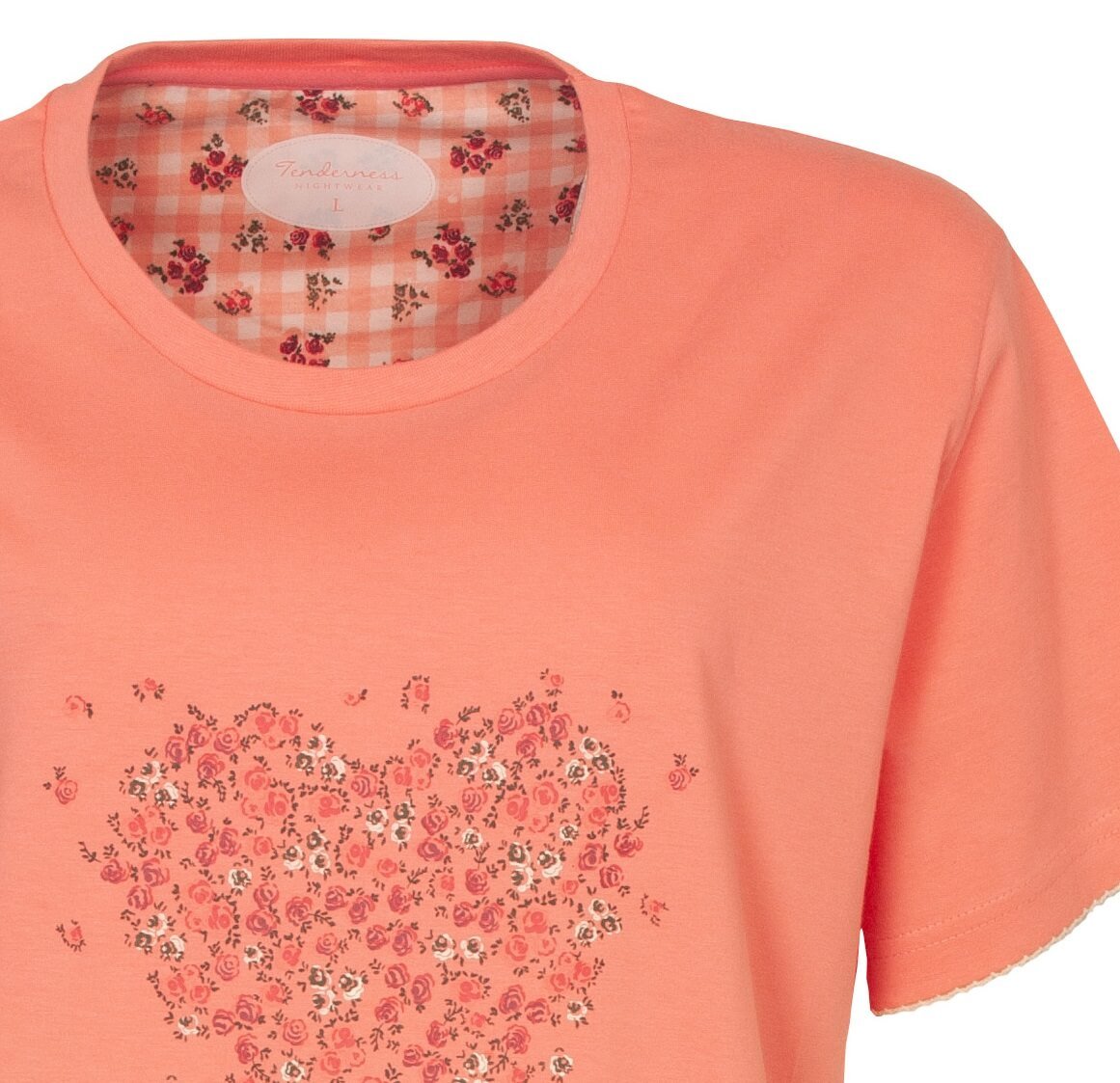 Oranje nachthemd mettoenen nachthemd met ronde hals en bloemenpatroon hart op de voorkant, geruit bloemenpatroon binnenkant