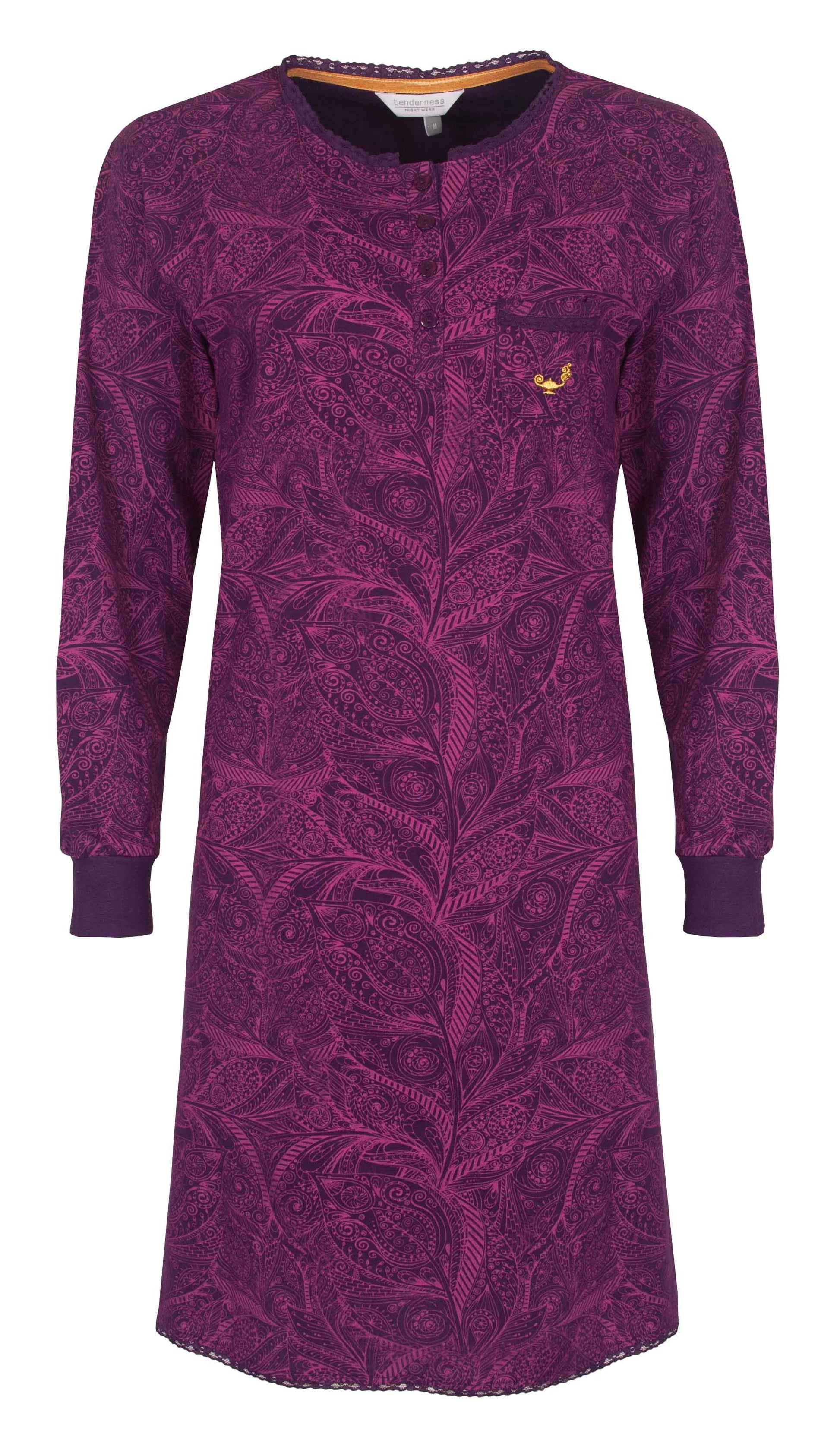 Paars nachthemd met lange mouwen en all-over print, ronde hals met knoopsluiting en geborduurde logo op borstzakje