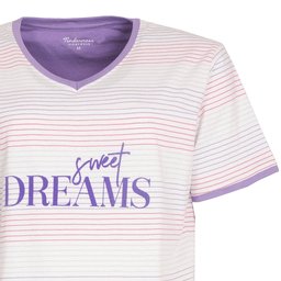 Gestreept wit en roze nachthemd met paarse accenten en 'Sweet Dreams' opdruk, V-hals en korte mouwen