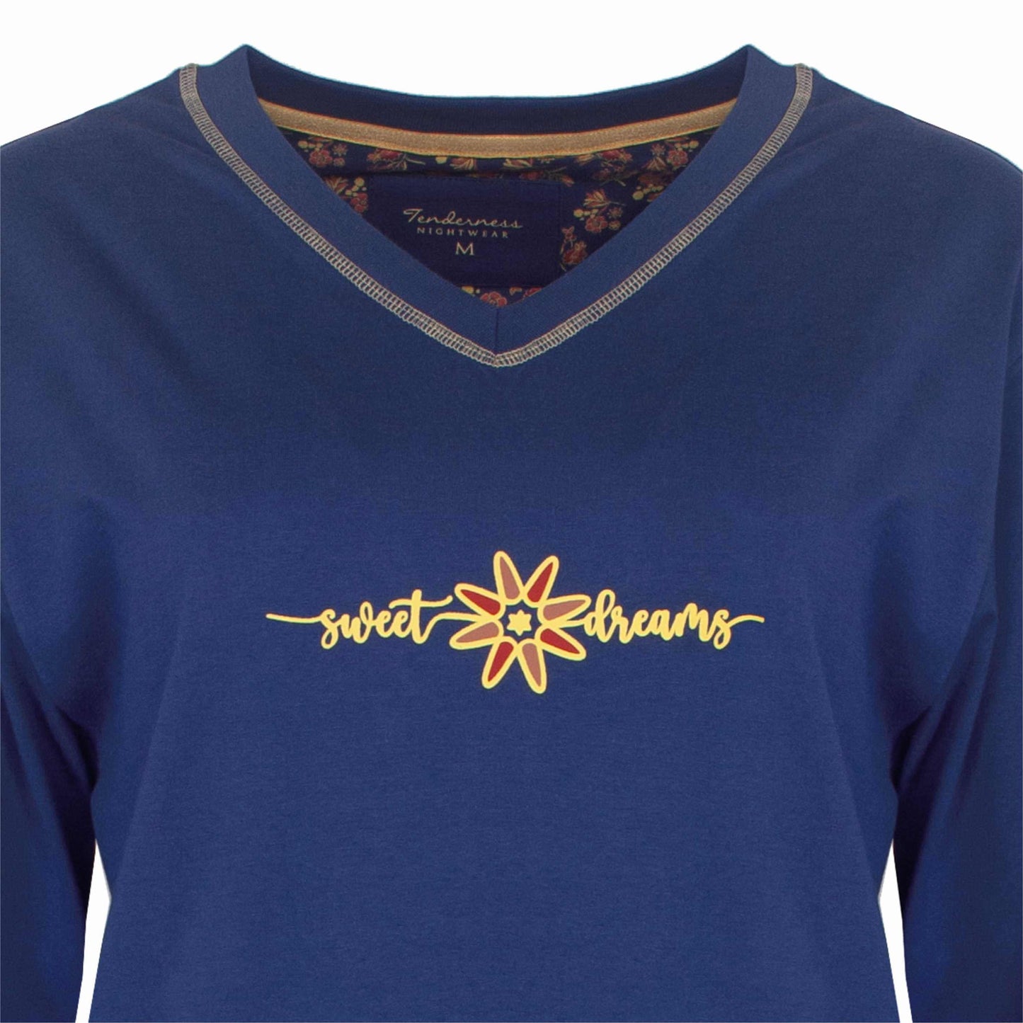 Blauw nachthemd met lange mouwen en V-hals, 'sweet dreams' opdruk in geel en rood, merk Tenderness