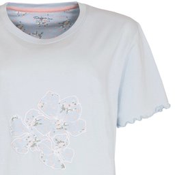 Lichtblauw dzes nachthemd met korte mouwen en een bloemen applicatie opapplicatie op de borst, golvende zoom.