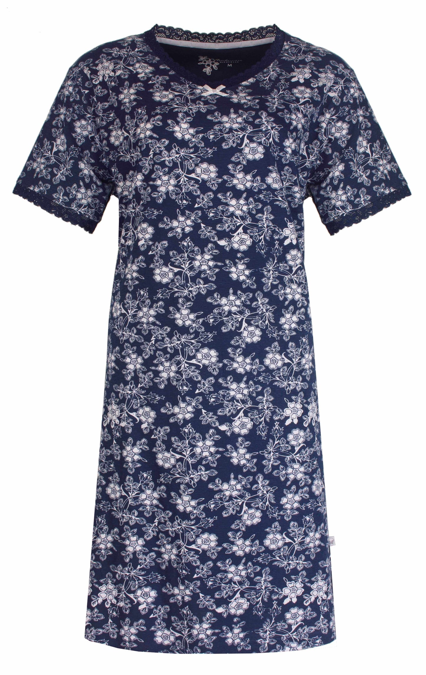 Marineblauw nachthemd met wit bloemenpatroon, korte mouwen en kanten afwerking aan de hals en mouwen.