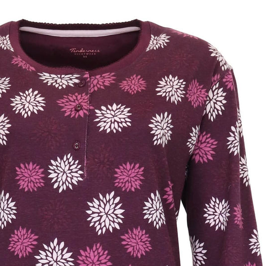 Paars nachthemd met wit en roze bloemenprint, ronde hals en knoopsluiting, gemaakt van 100% katoen