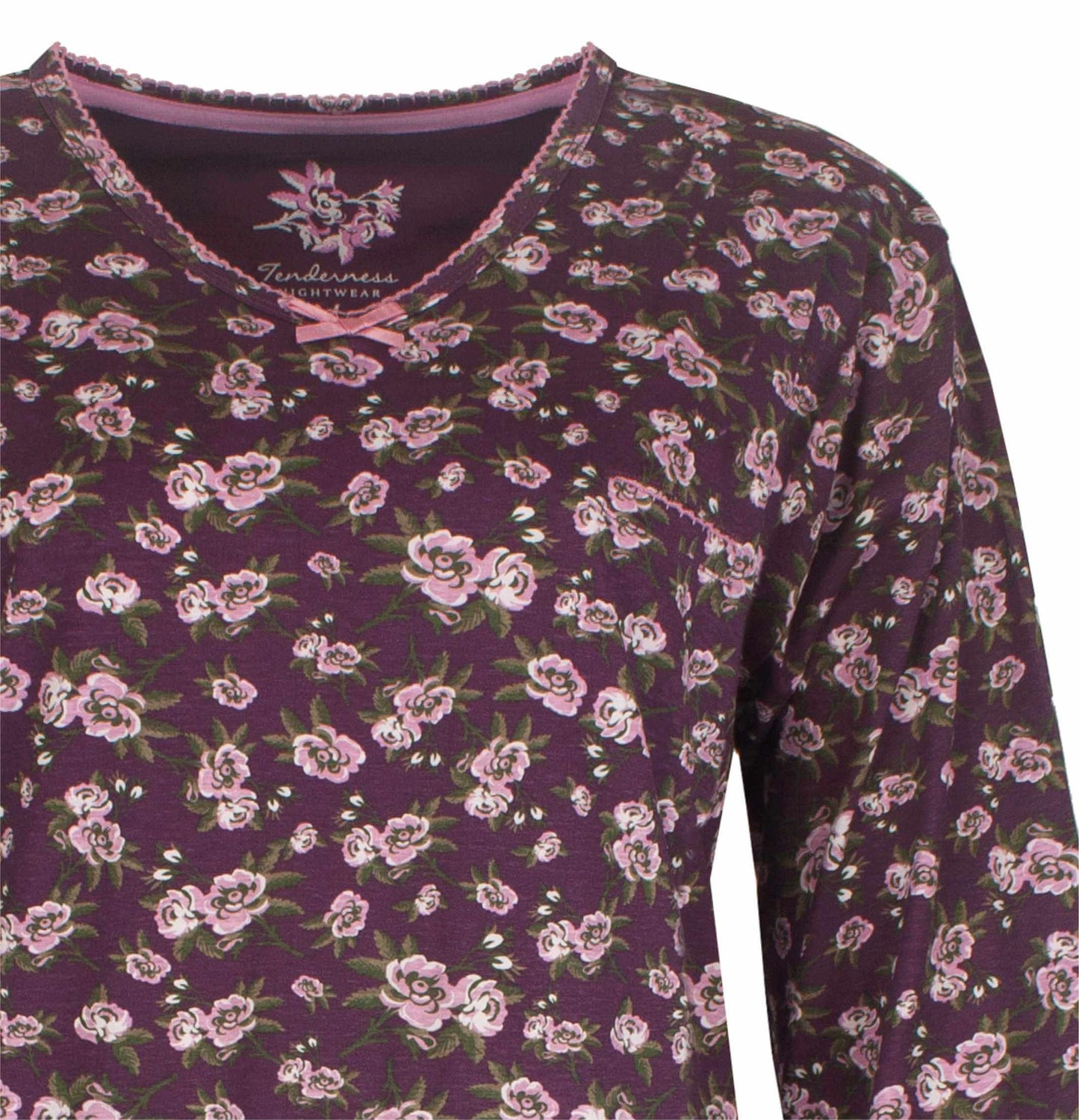 Paars nachthemd met roze bloemenprint, V-hals met strikje, lange mouwen, gemaakt van katoen jersey