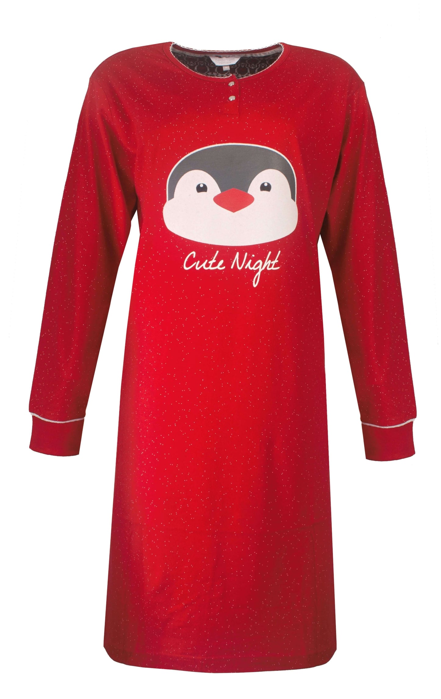 Rood nachthemd met witte stippen, lange mouwen en hals, en schattige pinguïn print op de borst met tekst 'Cute Night'