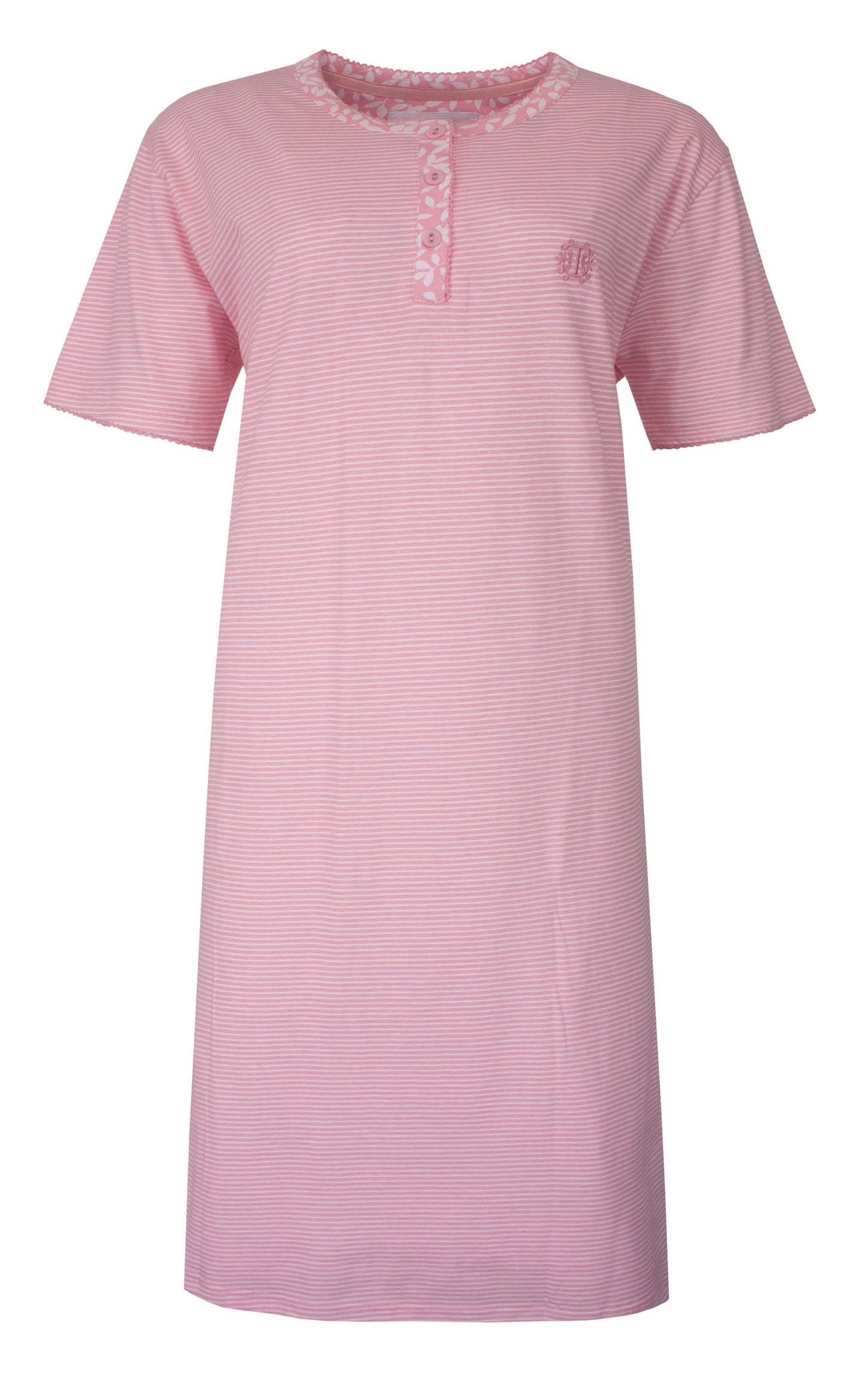 Roze gestreept nachthemd met korte mouwen, knoopsluiting en kant detail aan de hals
