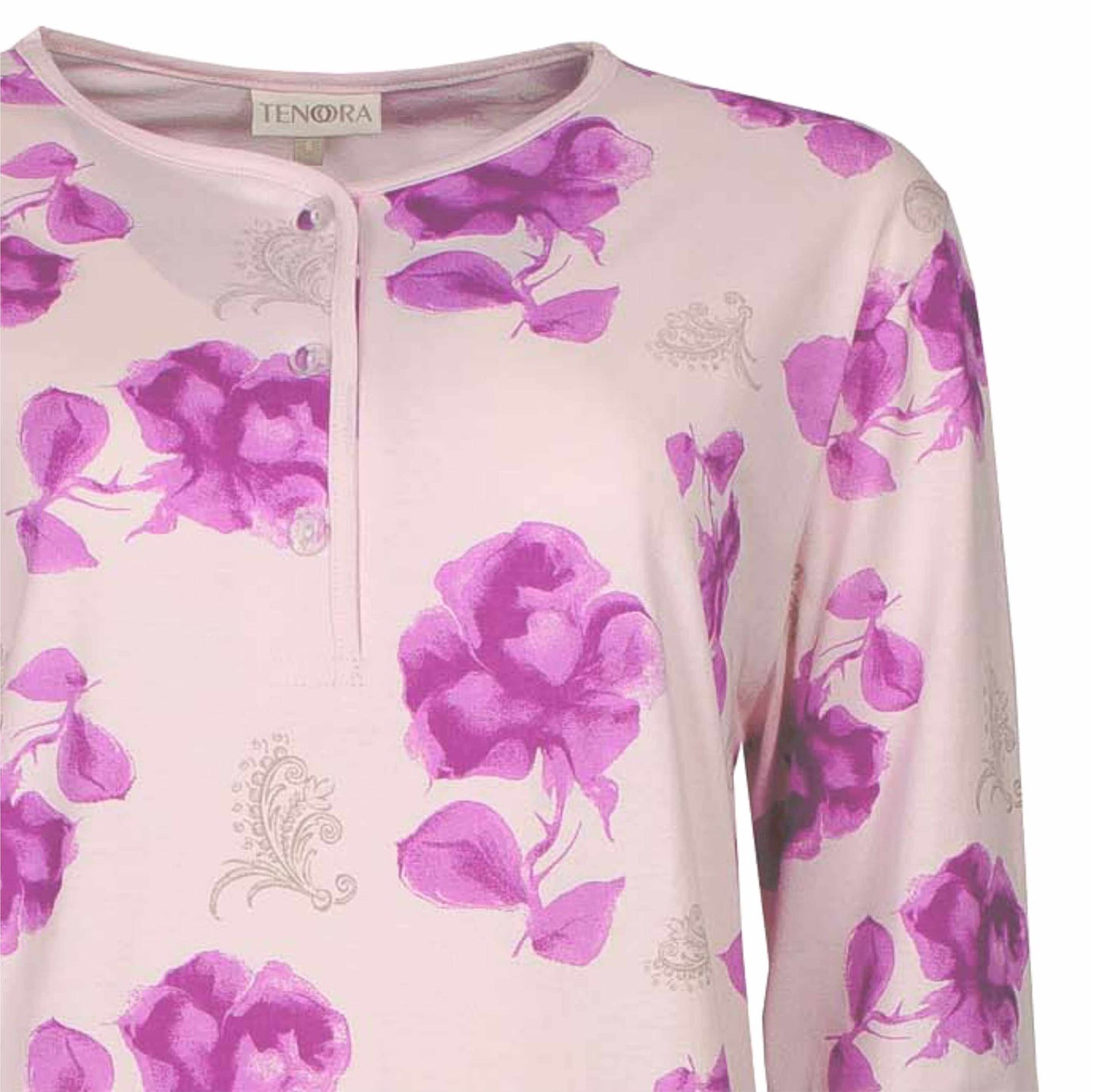 Roze nachthemd met paarse bloemenprint, polo-sluiting, korte mouwen en ronde hals van het merk Tenderness