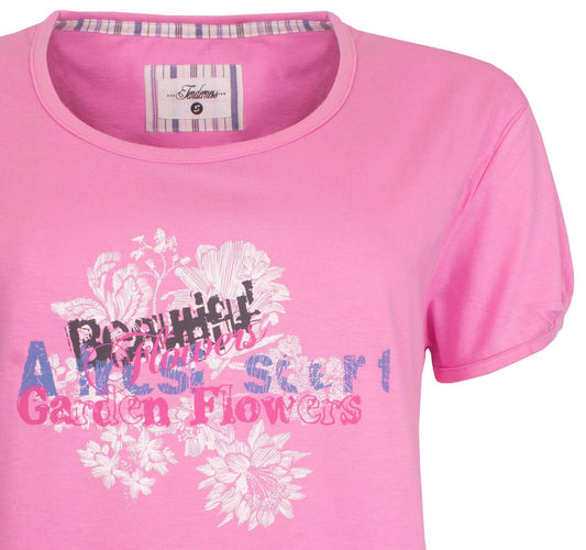 Roze katoenen nachthemd met ronde halste mouwen en bloemenprint op de borst, merk Tenderness.