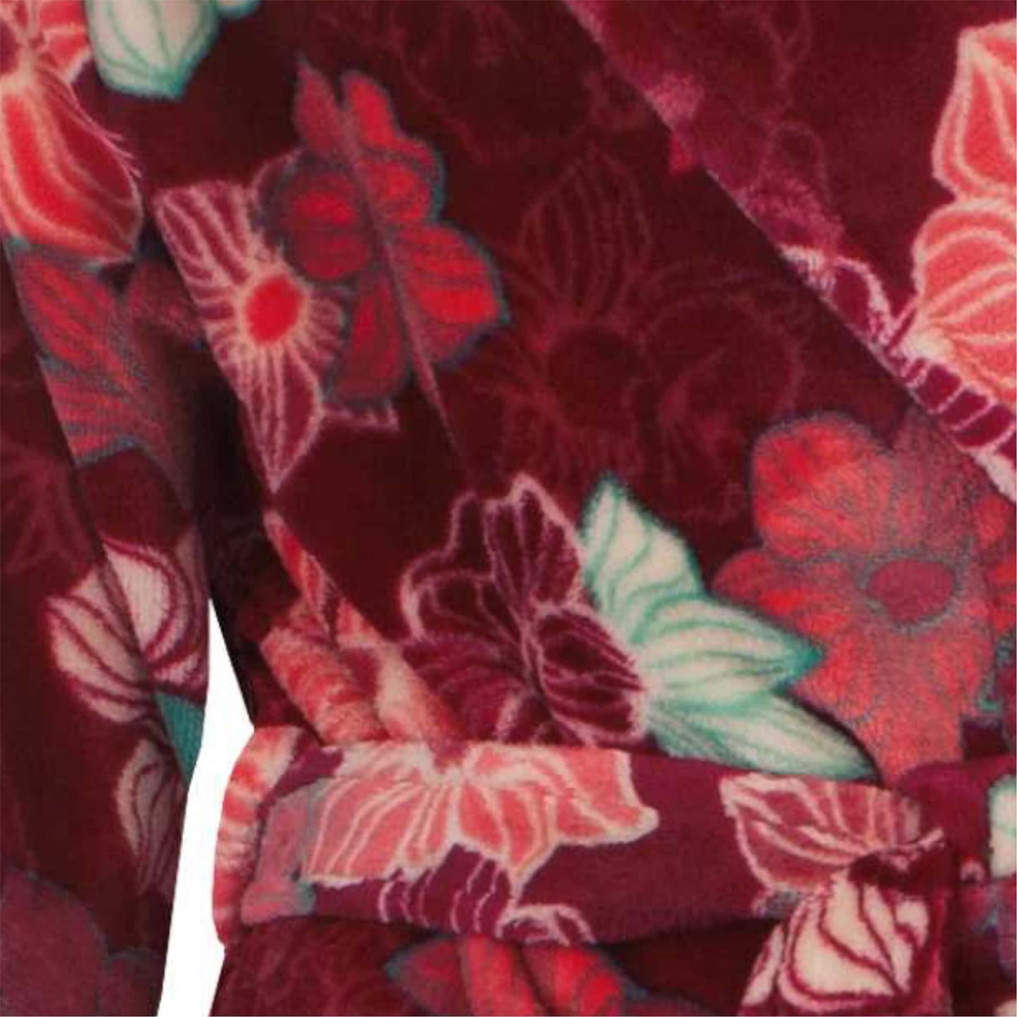Rode fleece badjas met een weelderig bloemenpatroon in verschillende tinten roze, wit en turood en turquoise