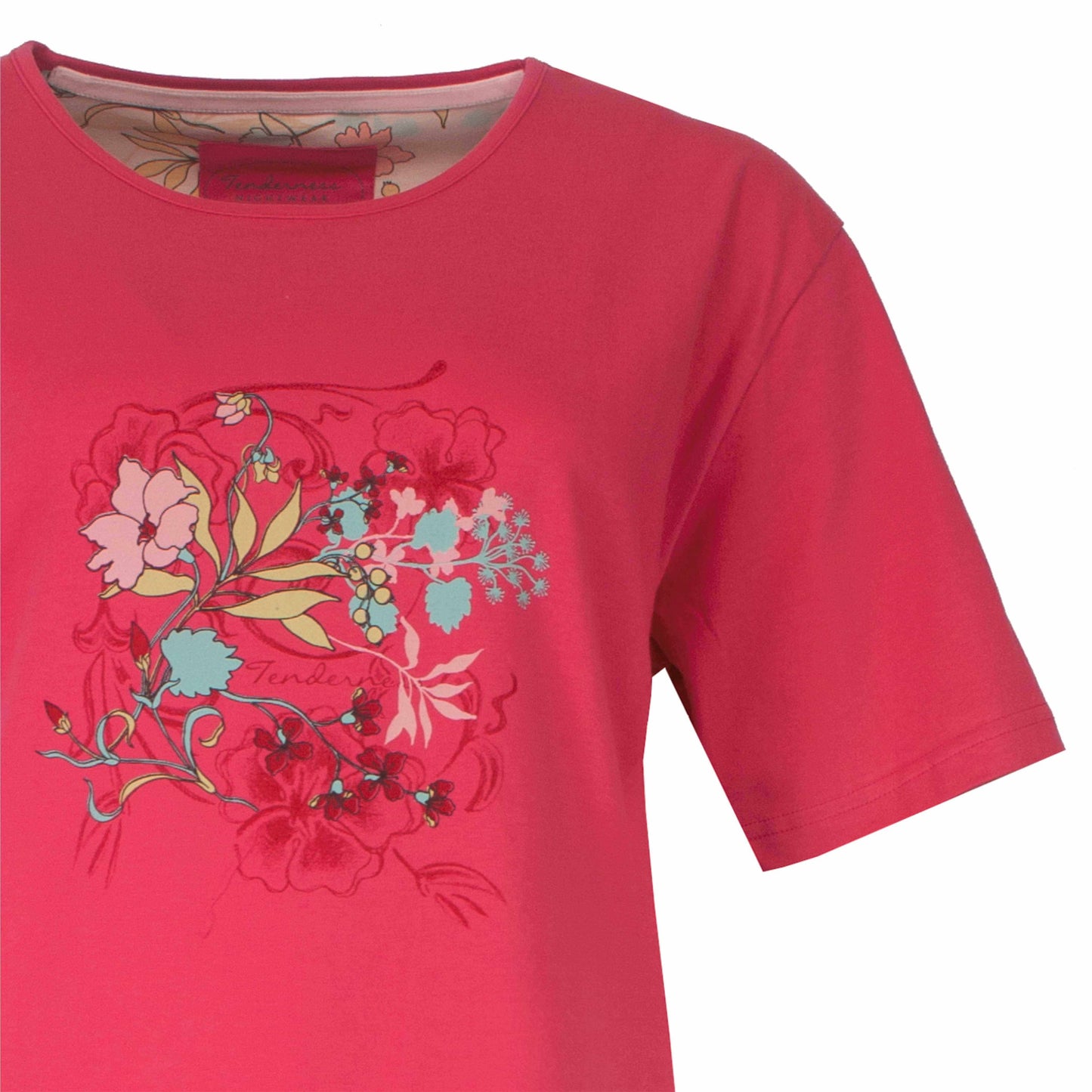 Rood dames nachthemd met kleurrijke bloemenprint op de voorkant, korte mouwen en ronde hals