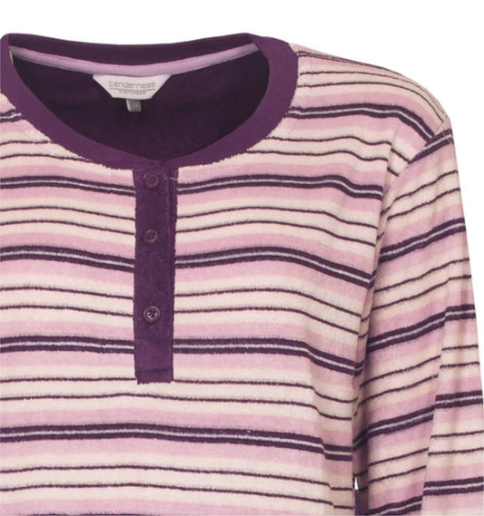 Paarse gestreepte badstof pyjama top met ronde hals en polosluiting, lange mouwen en boorden