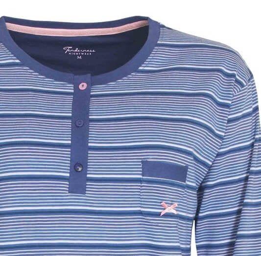 Blauw gestreepte pyjama top met polosluiting, lange mouwen en een roze strikje op de borstzak
