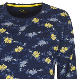 Donkerblauwe pyjama top met gele bloemenprint, lange mouwen en ronde hals, close-up van de stof