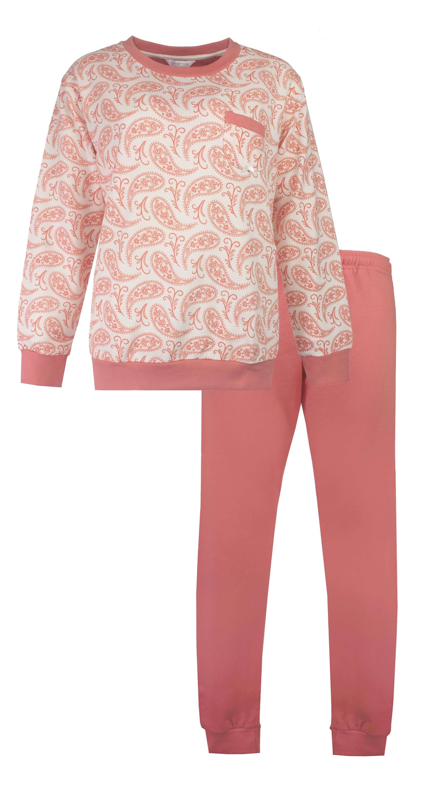 Roze dames pyjama met paisley patroon op het shirt en effen roze broek, gemaakt van zachte fleece