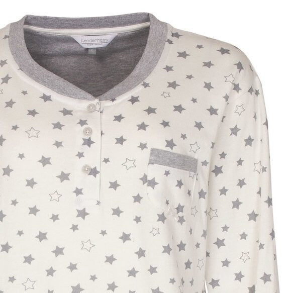 Grijze fleece dames pyjama met witte sterrenprint, polo-sluiting en borstzakje