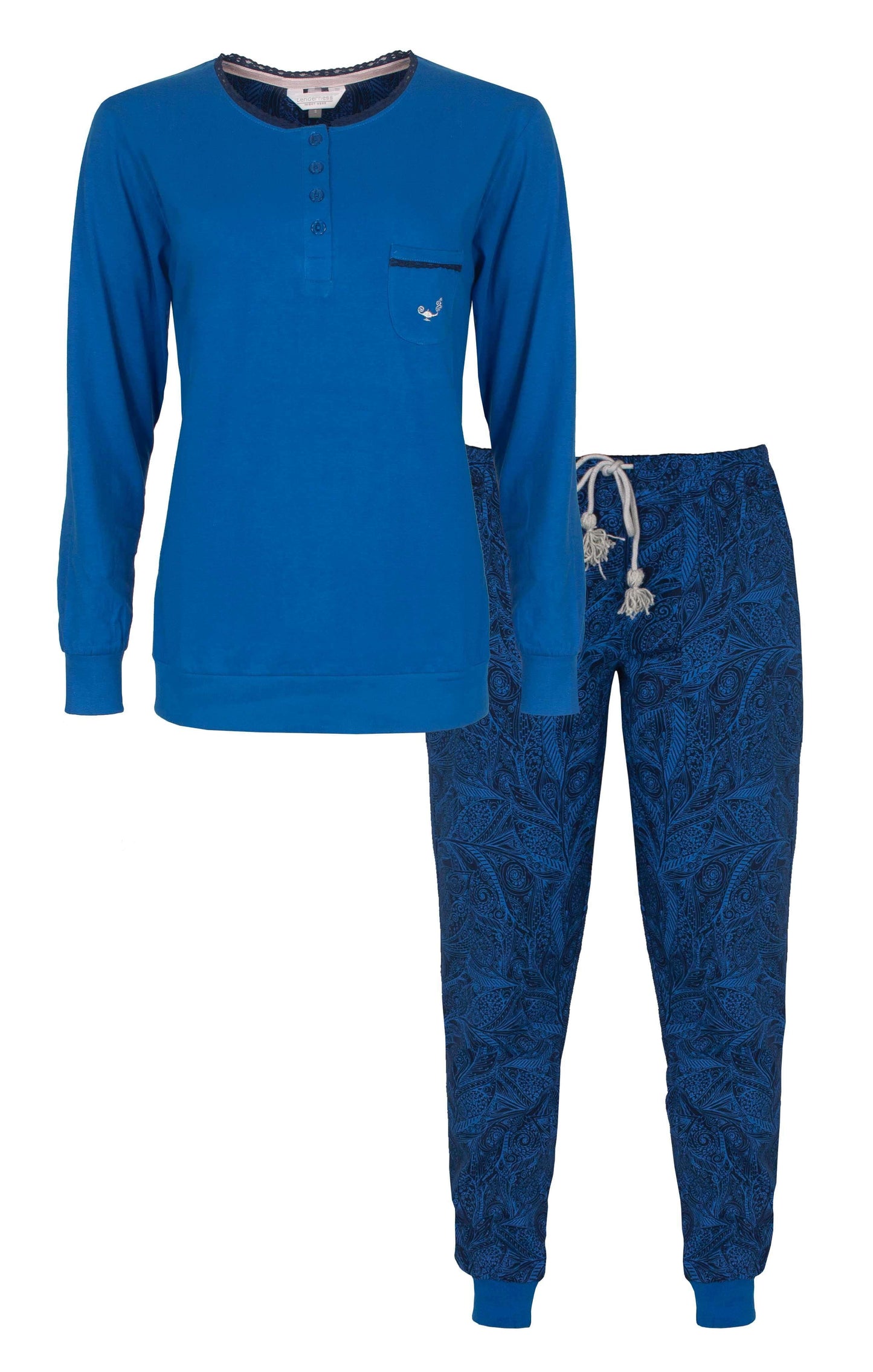 Helder blauwe dames pyjama set met lange mouwen en geprinte broek, gemaakt van 100% katoen