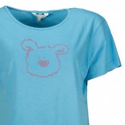 Hemelsblauwe pyjama top met korte mouwen en ronde hals, versierd met roze beerafdruk op de borst.