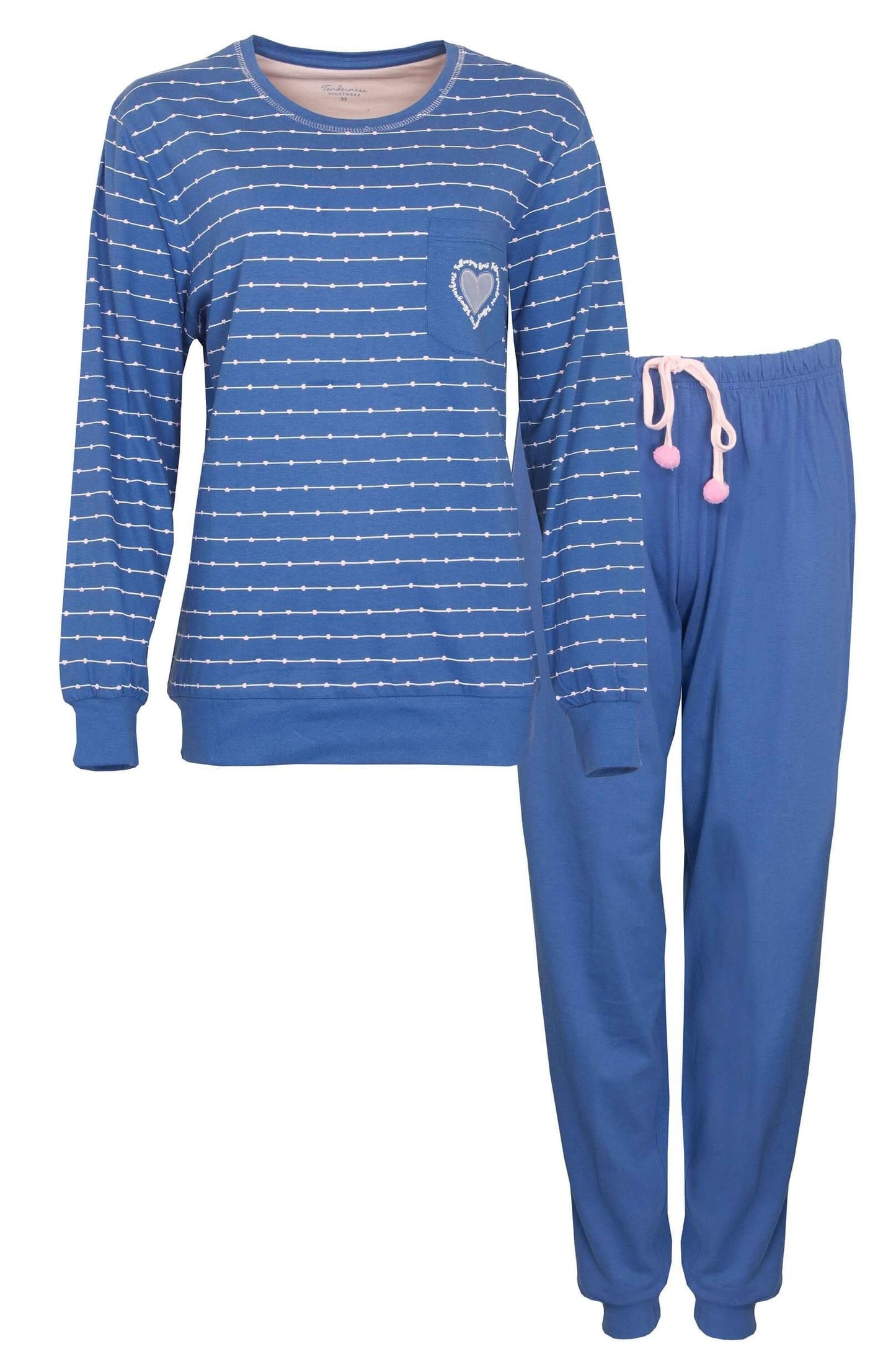 Blauwe dames pyjama met gestreepte top, hartvormige borstzak en effen broek met roze pompons aan het koord